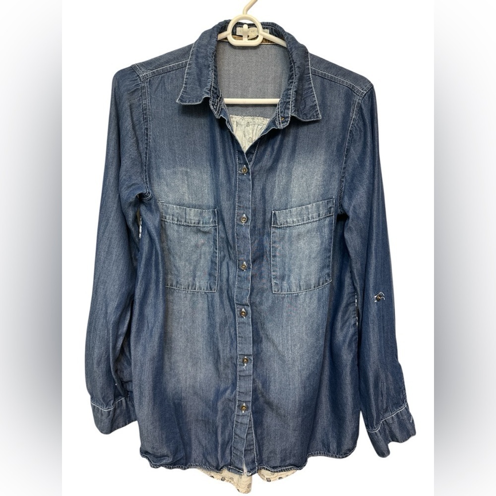 Hint of Mint Bohemian Denim Patchwork Shirt - Picture 2 of 6